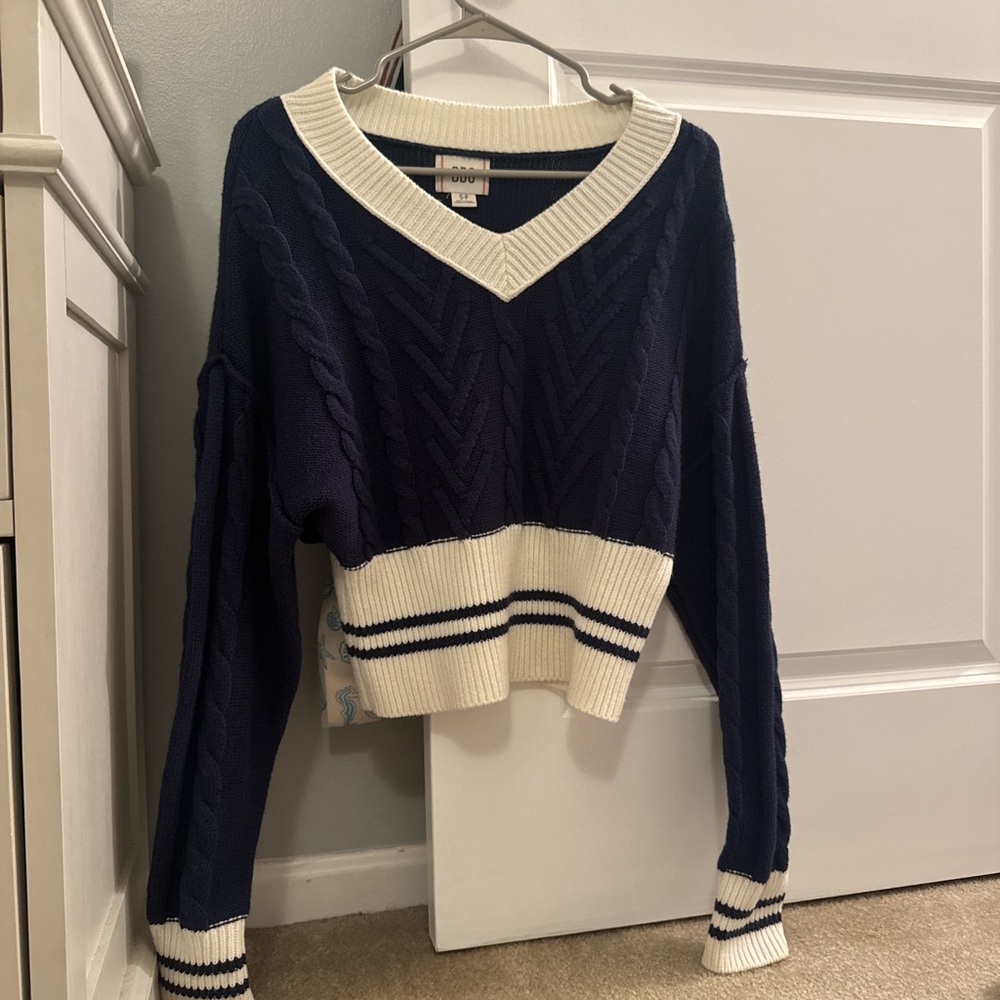 BDG Navy and Cream V-Neck Sweater